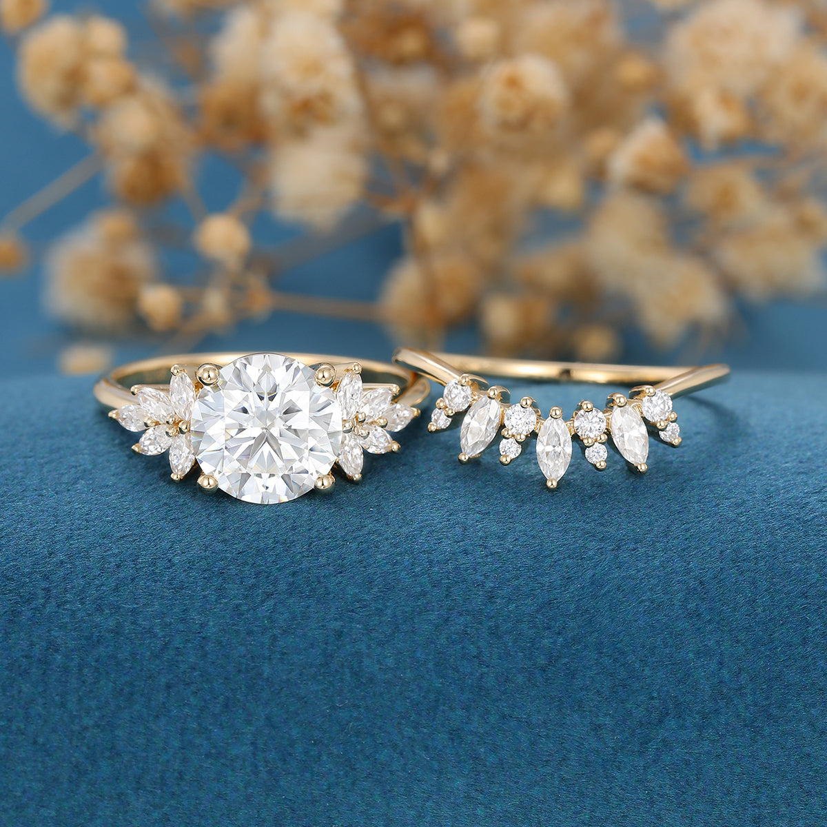 1.90 CT Round Shaped Moissanite Cluster Bridal Set
