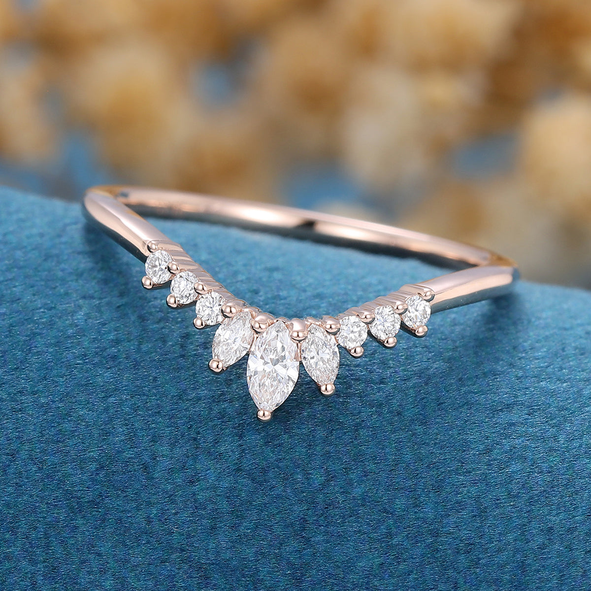 1.50 CT Round & Marquise Shaped Moissanite Curved Wedding Band