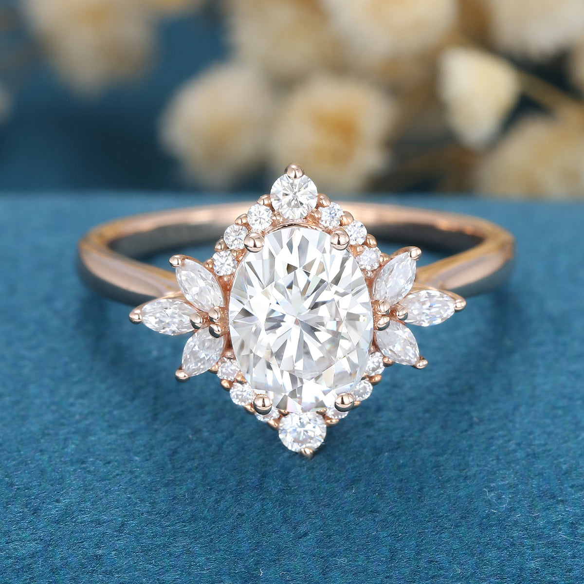 0.84 CT Oval Shaped Moissanite Cluster Engagement Ring