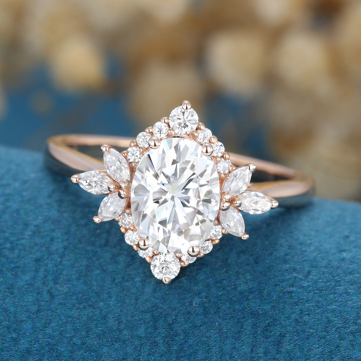 0.84 CT Oval Shaped Moissanite Cluster Engagement Ring