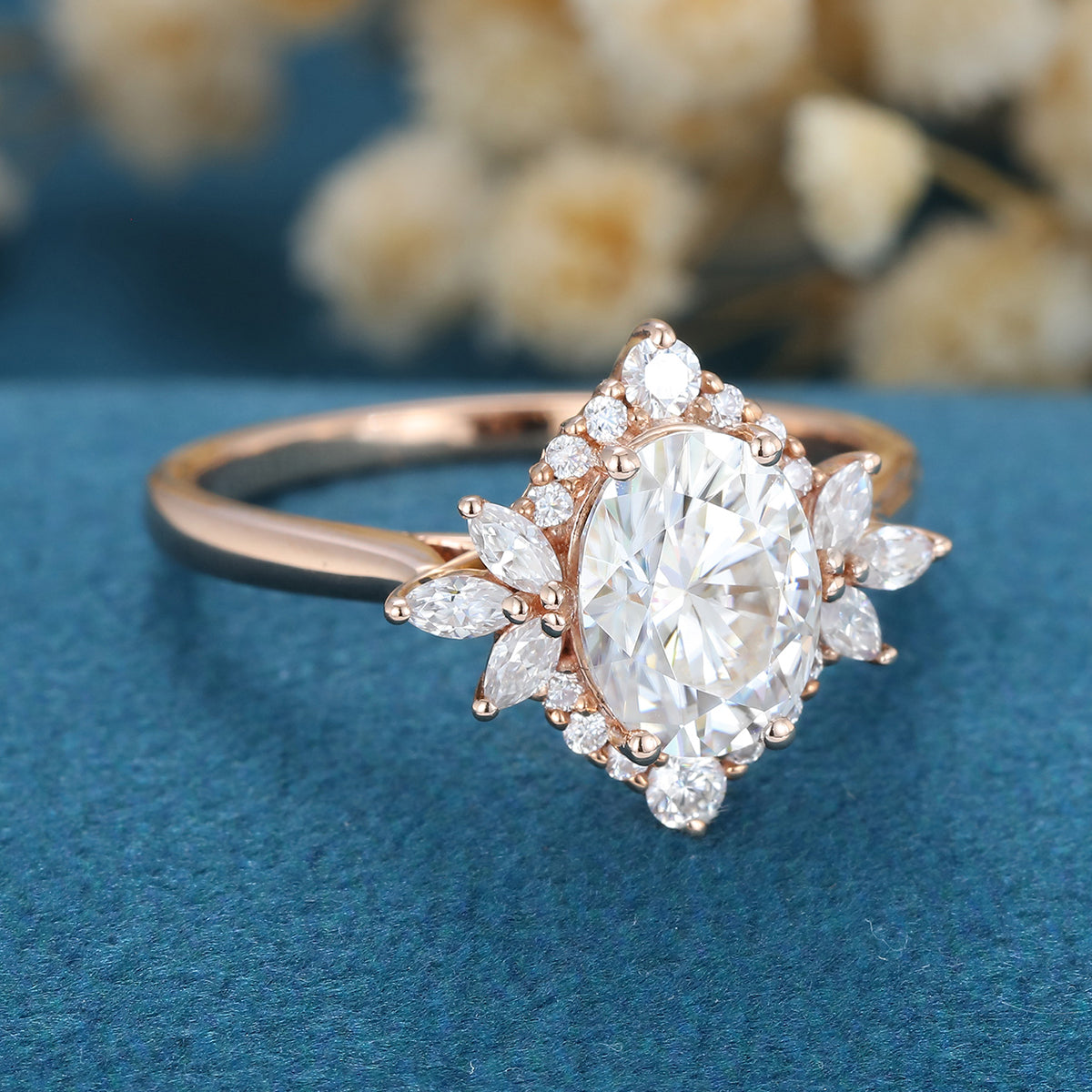 0.84 CT Oval Shaped Moissanite Cluster Engagement Ring