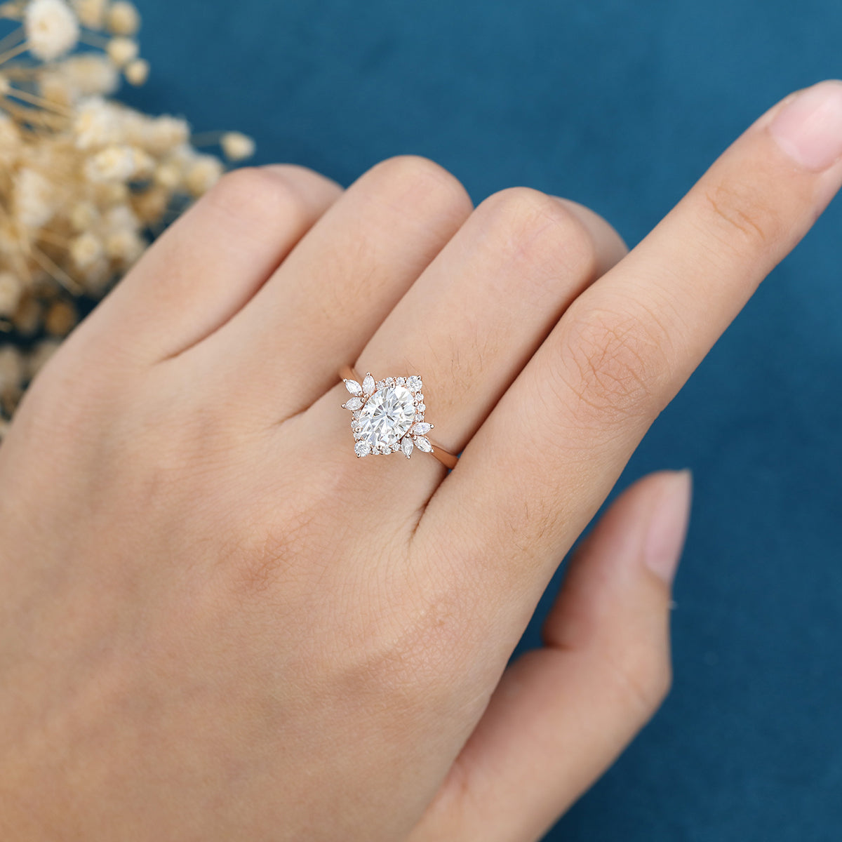 0.84 CT Oval Shaped Moissanite Cluster Engagement Ring