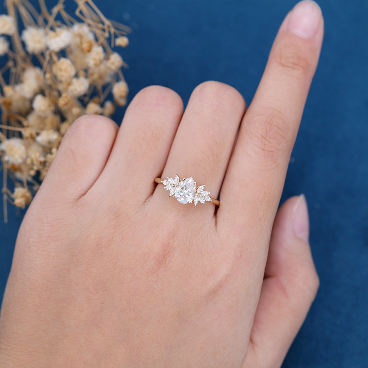 1.0 CT Pear Shaped Moissanite Cluster Engagement Ring
