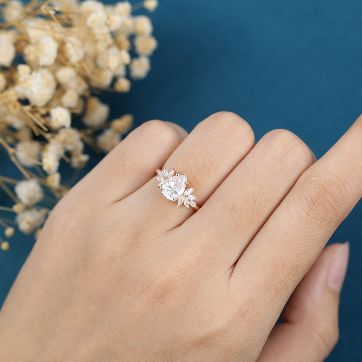 1.0 CT Pear Shaped Moissanite Cluster Engagement Ring