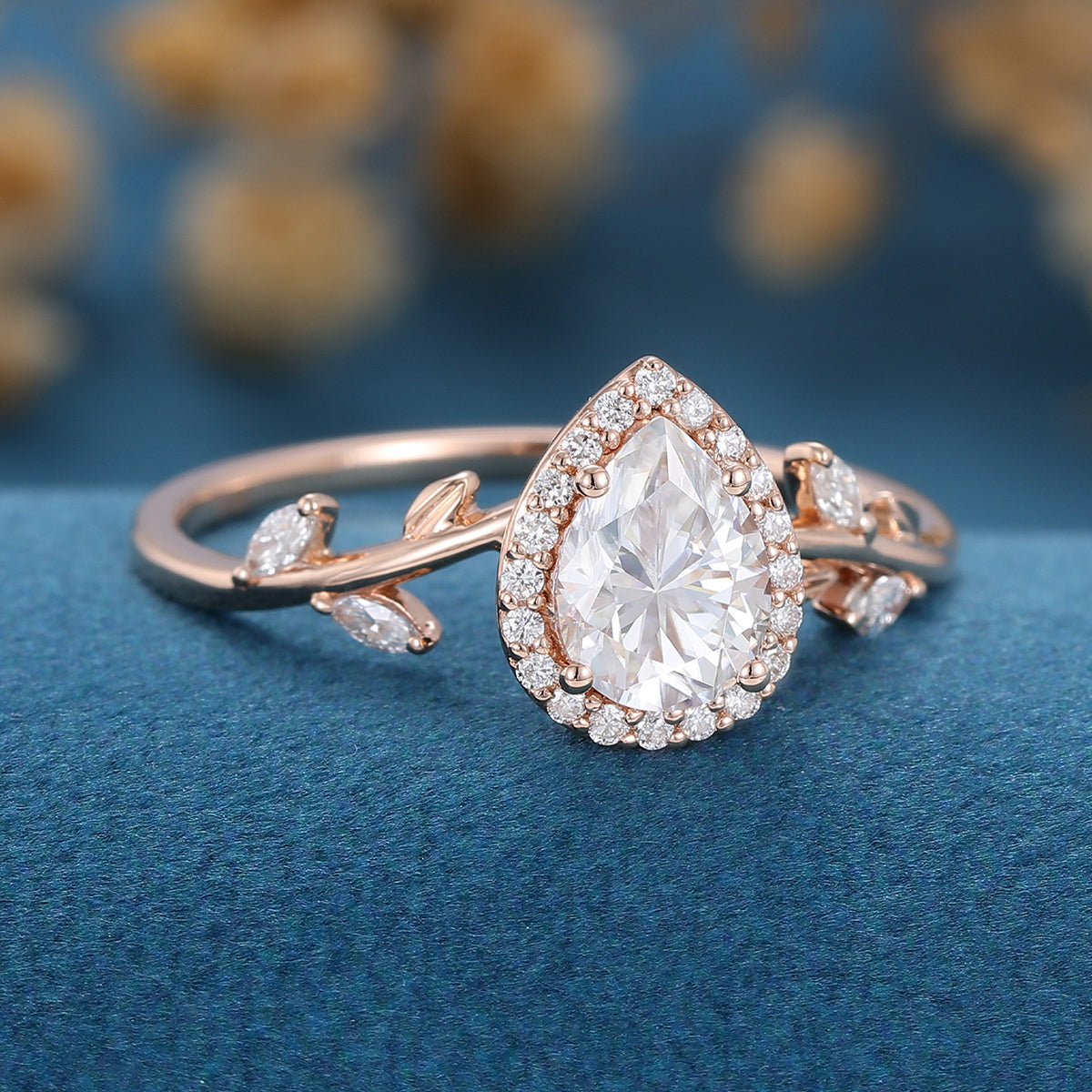 1.0 CT Pear Shaped Moissanite Halo Engagement Ring