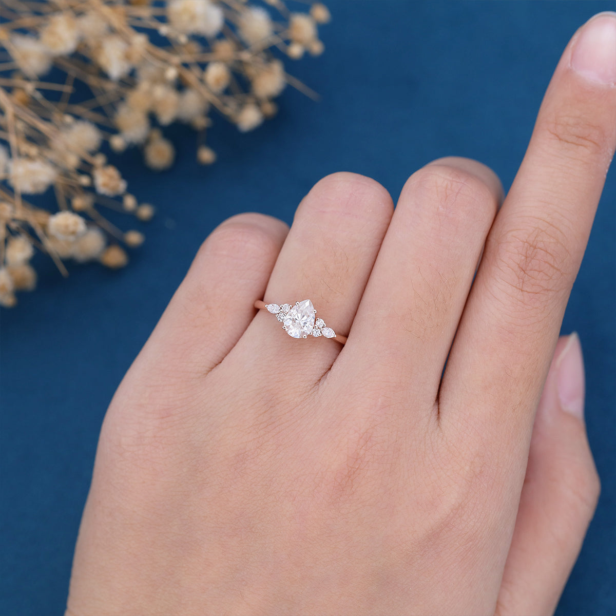 1.0 CT Pear Shaped Moissanite Cluster Engagement Ring