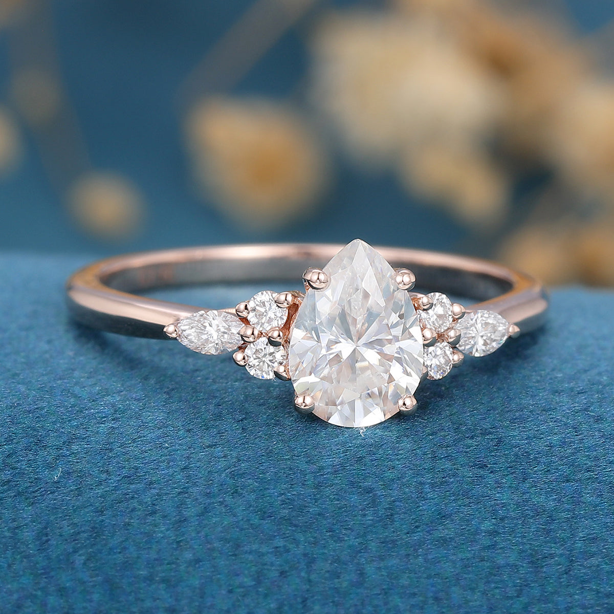 1.0 CT Pear Shaped Moissanite Cluster Engagement Ring