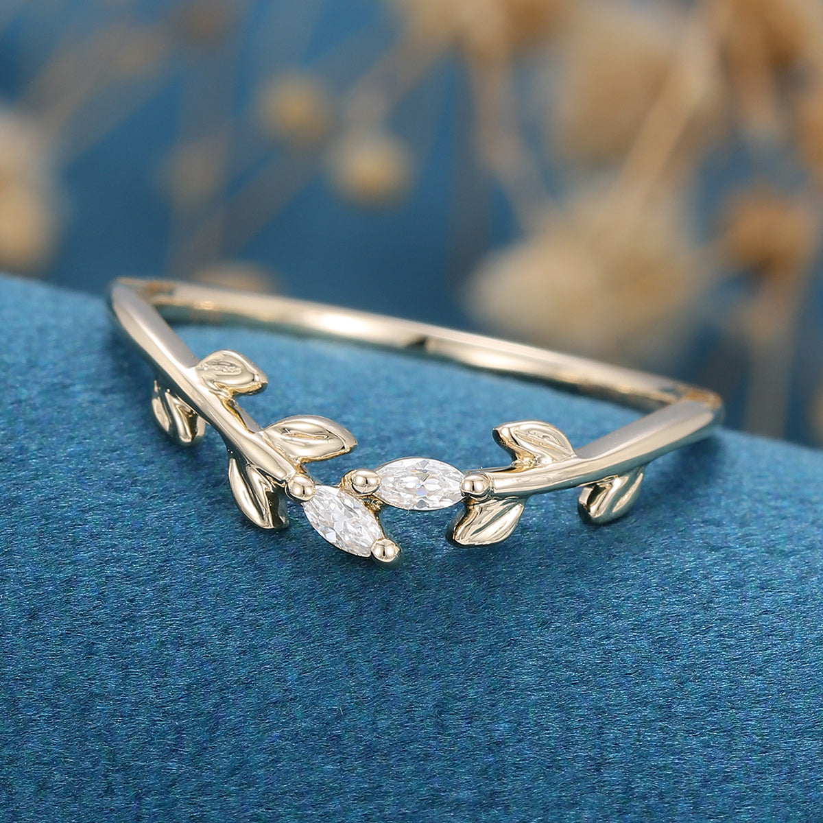 1.40 CT Marquise Shaped Moissanite Nature Inspired Wedding Band