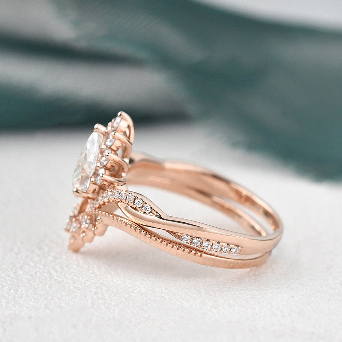 1.50 CT Pear Cut Cluster Twisted Moissanite Bridal Ring Set