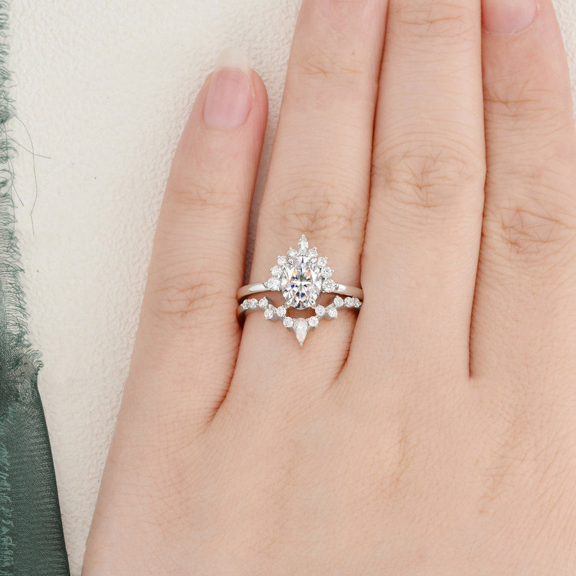 1.50 CT Pear Cut Cluster Moissanite Bridal Ring Set