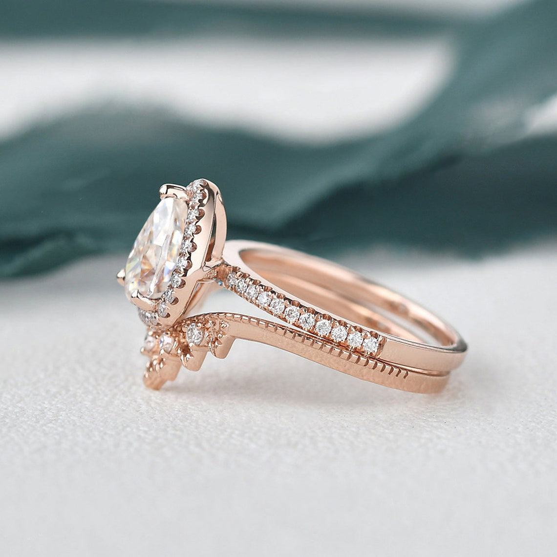 1.50 CT Pear Cut Halo Moissanite Bridal Ring Set