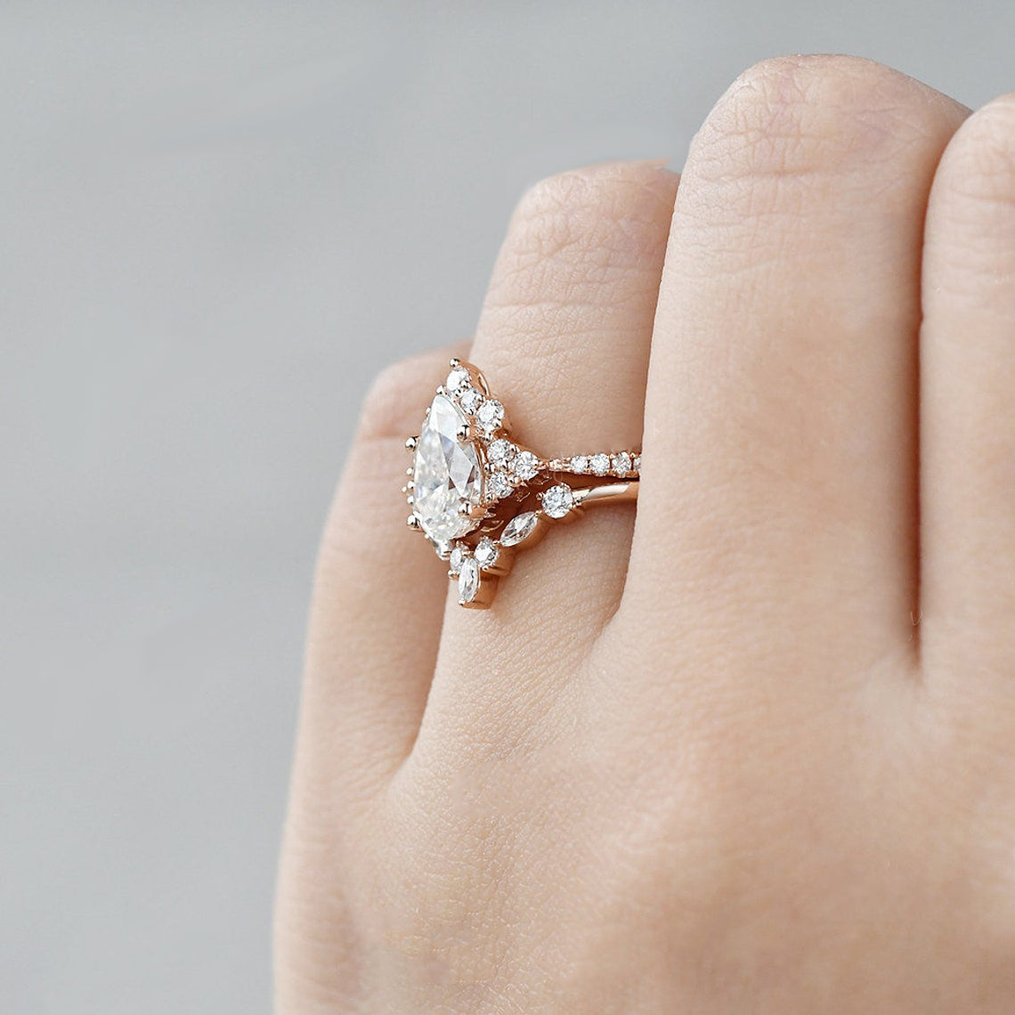 1.50 CT Pear Cut Cluster Art Deco Moissanite Bridal Ring Set