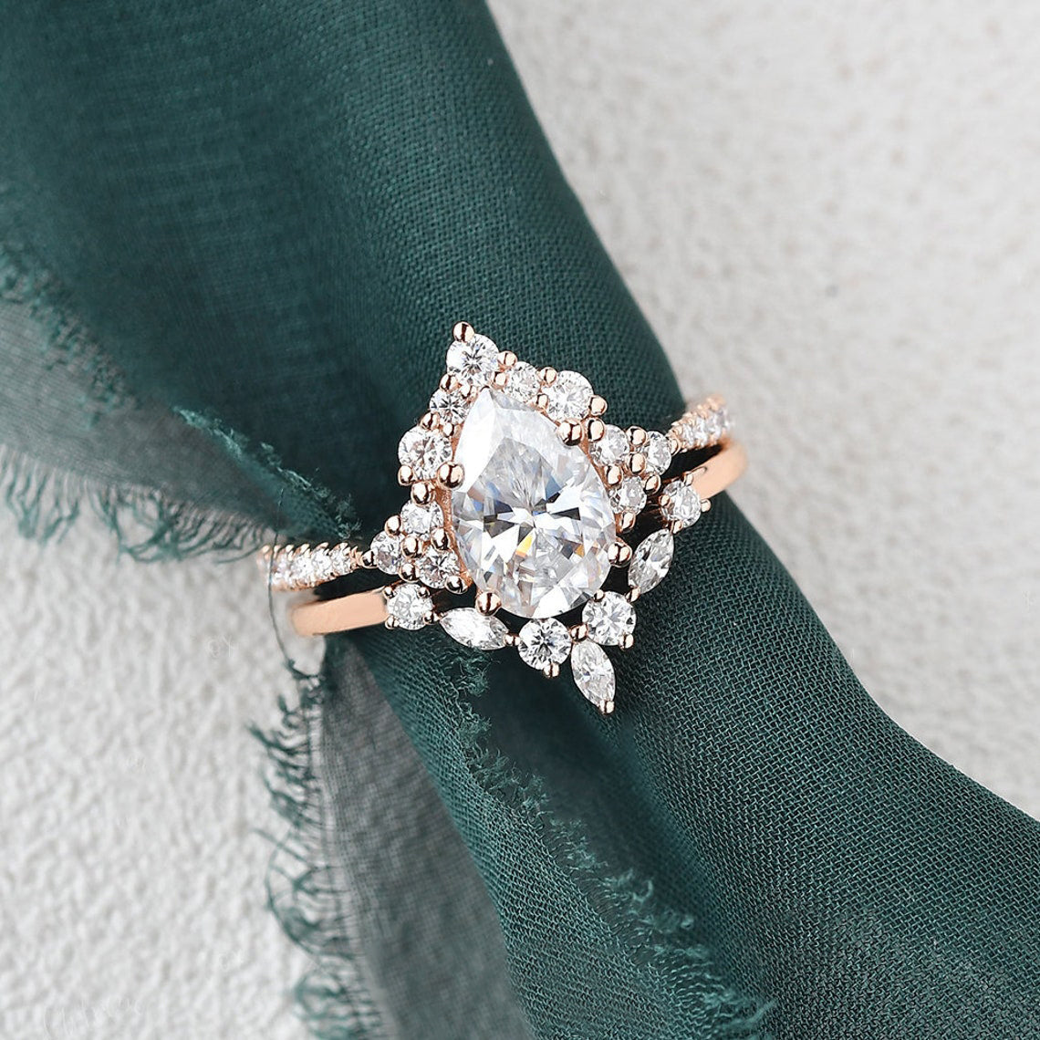 1.50 CT Pear Cut Cluster Art Deco Moissanite Bridal Ring Set