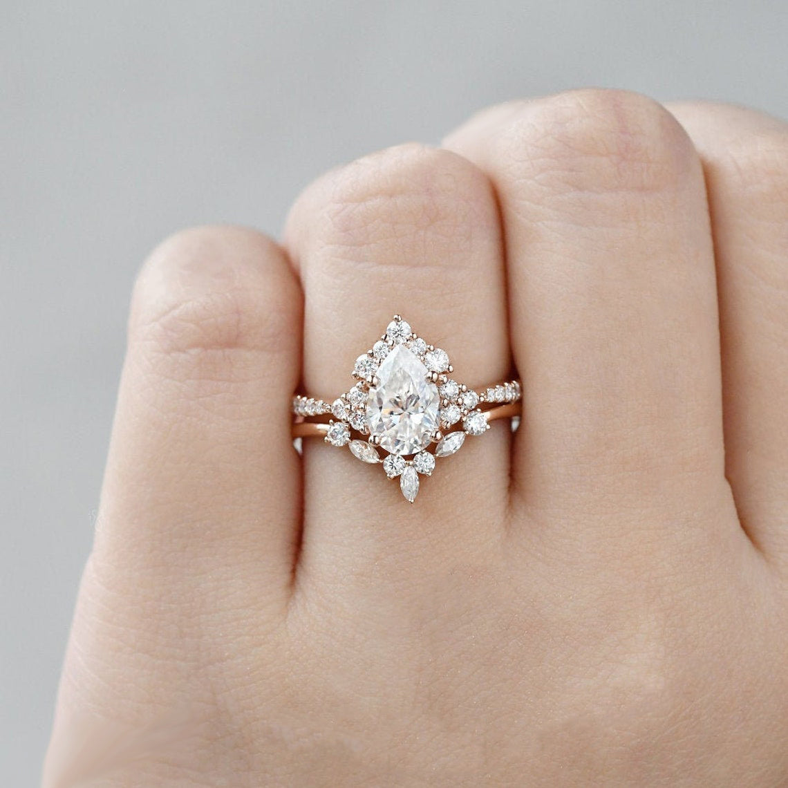 1.50 CT Pear Cut Cluster Art Deco Moissanite Bridal Ring Set
