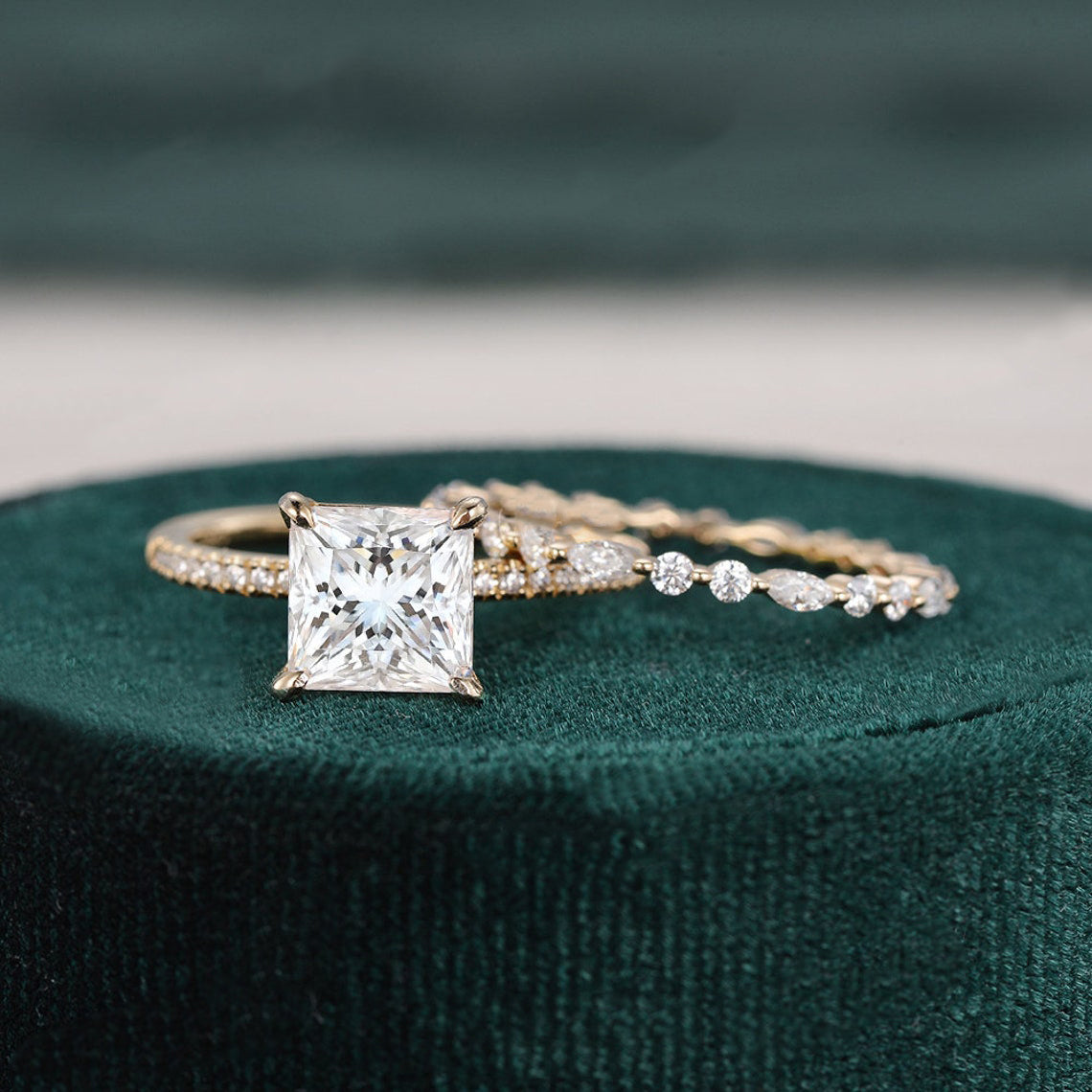 2.0 CT Princess Cut Solitaire Moissanite Bridal Ring Set