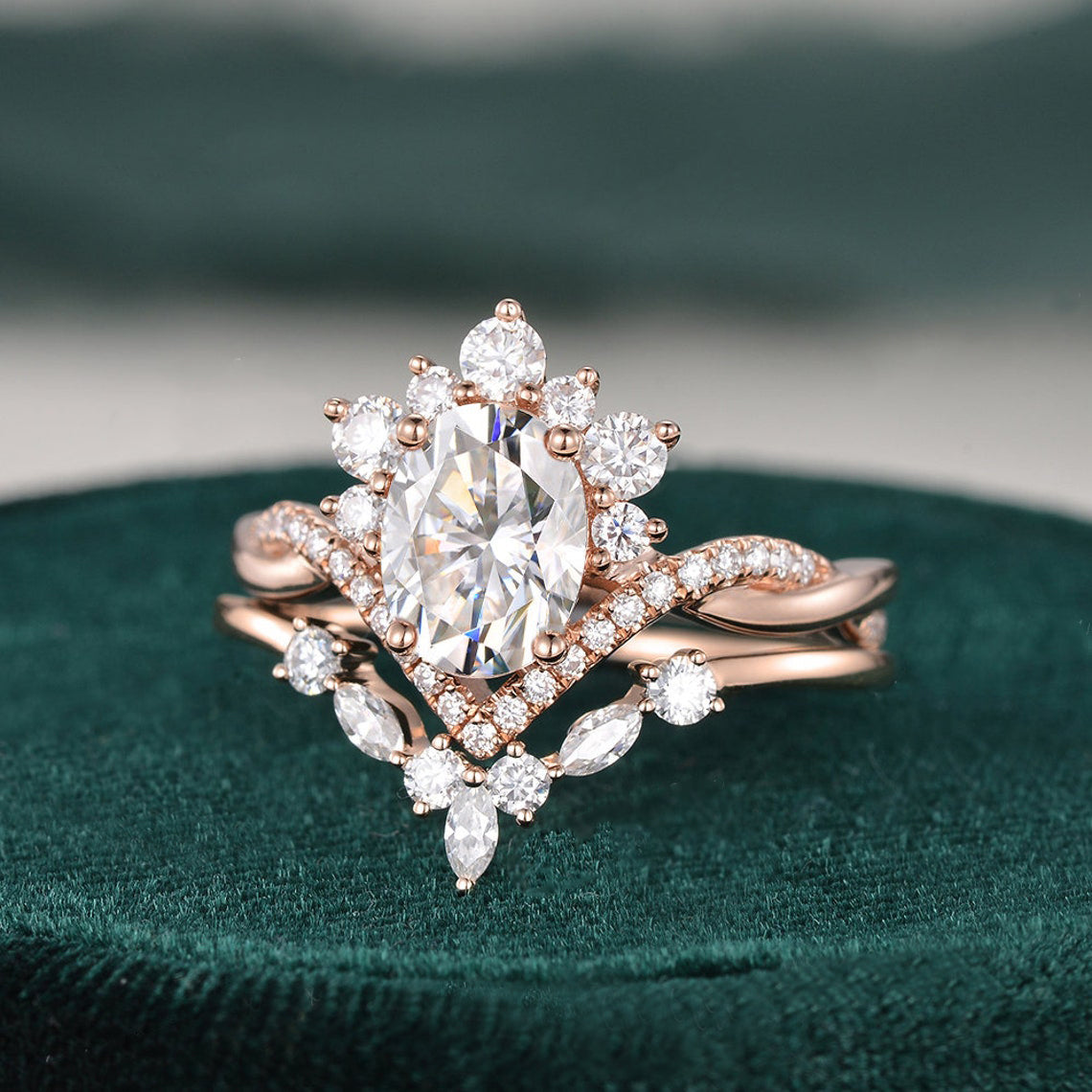 1.50 CT Oval Cut Twisted Art Deco Moissanite Bridal Ring Set