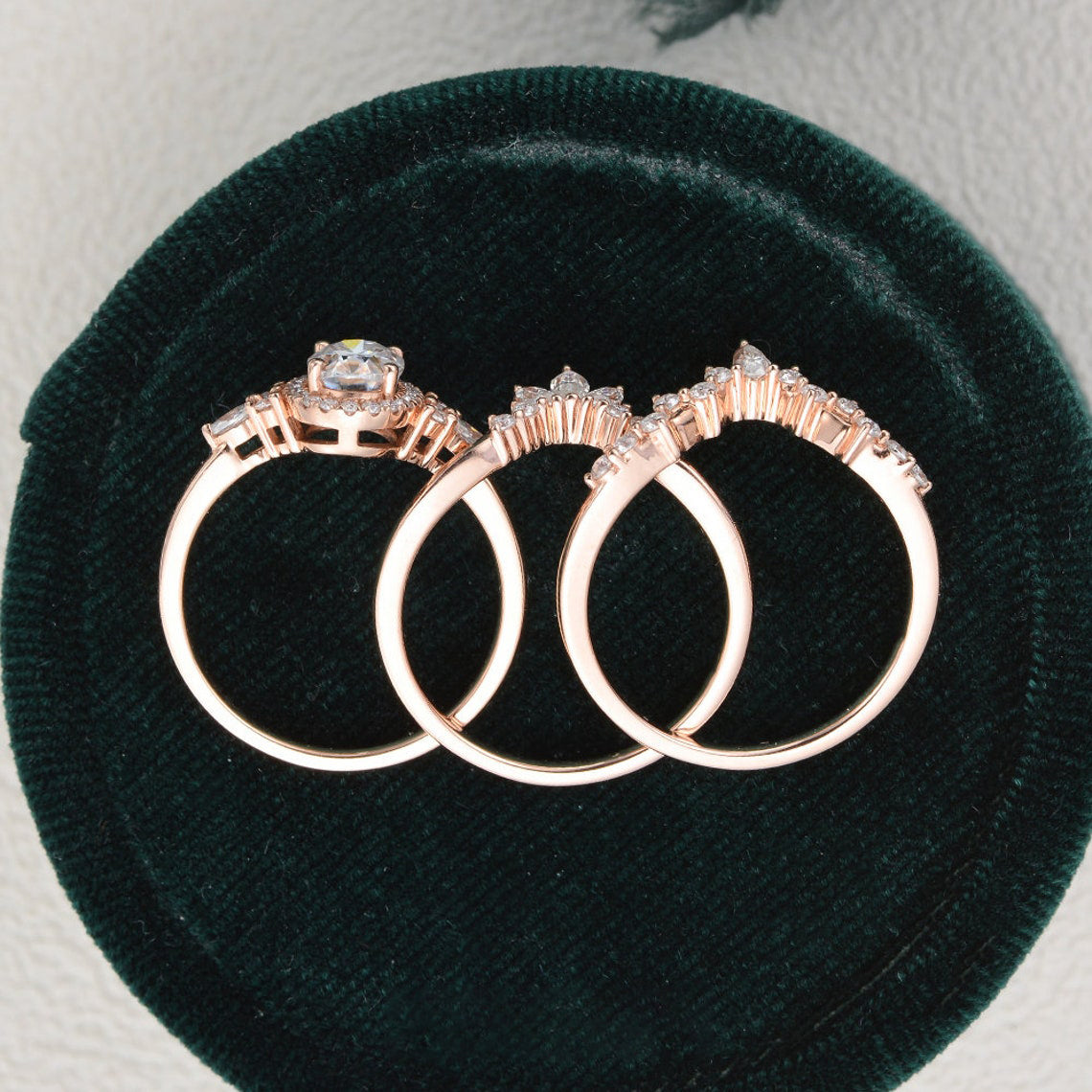 1.0 CT Oval Cut Cluster Halo Moissanite Bridal Ring Set