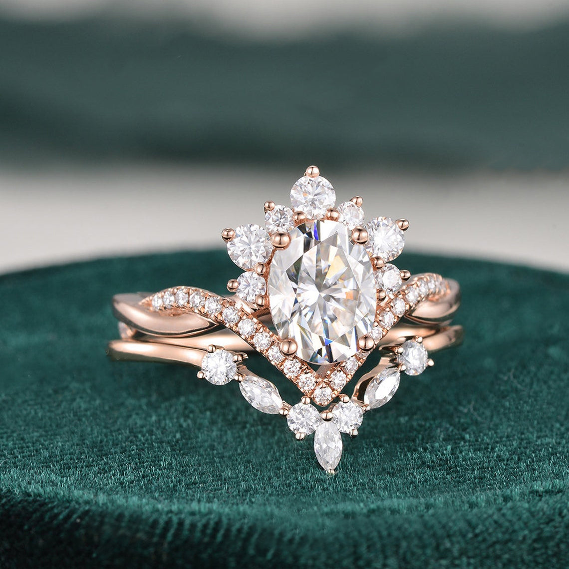 1.50 CT Oval Cut Twisted Art Deco Moissanite Bridal Ring Set