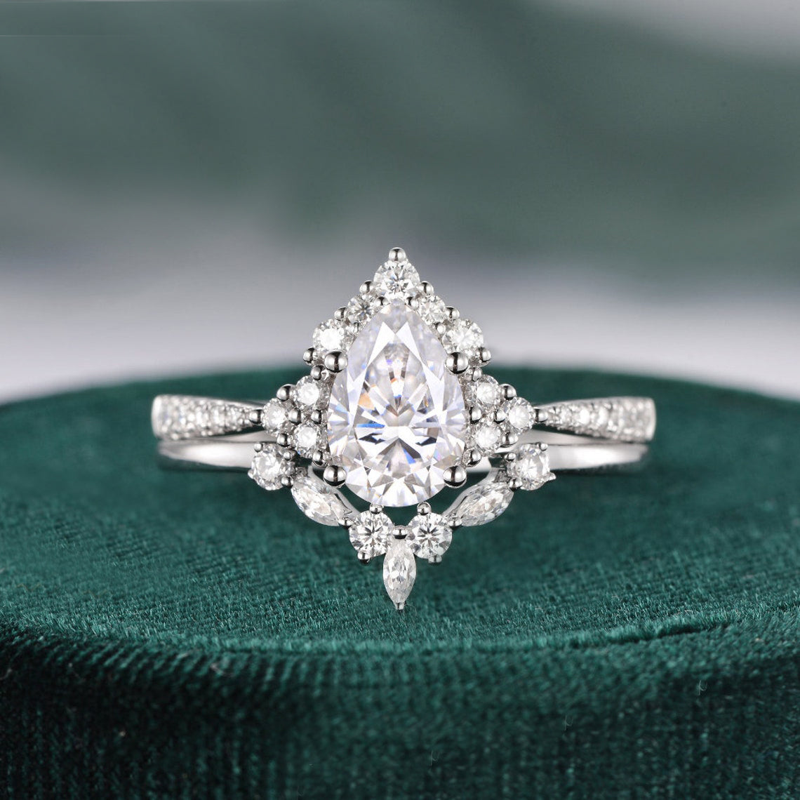 1.50 CT Pear Cut Cluster Art Deco Moissanite Bridal Ring Set