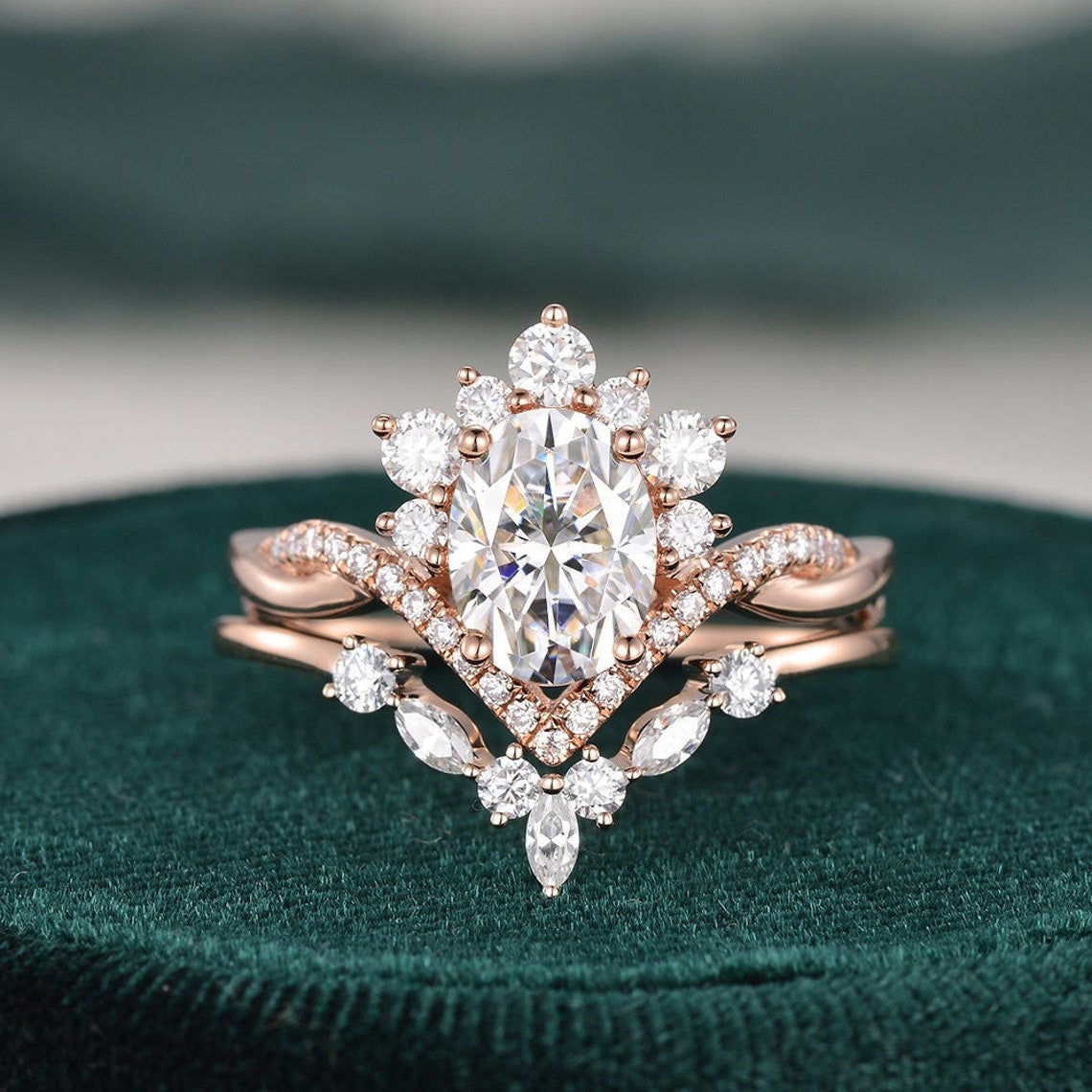 1.50 CT Oval Cut Twisted Art Deco Moissanite Bridal Ring Set