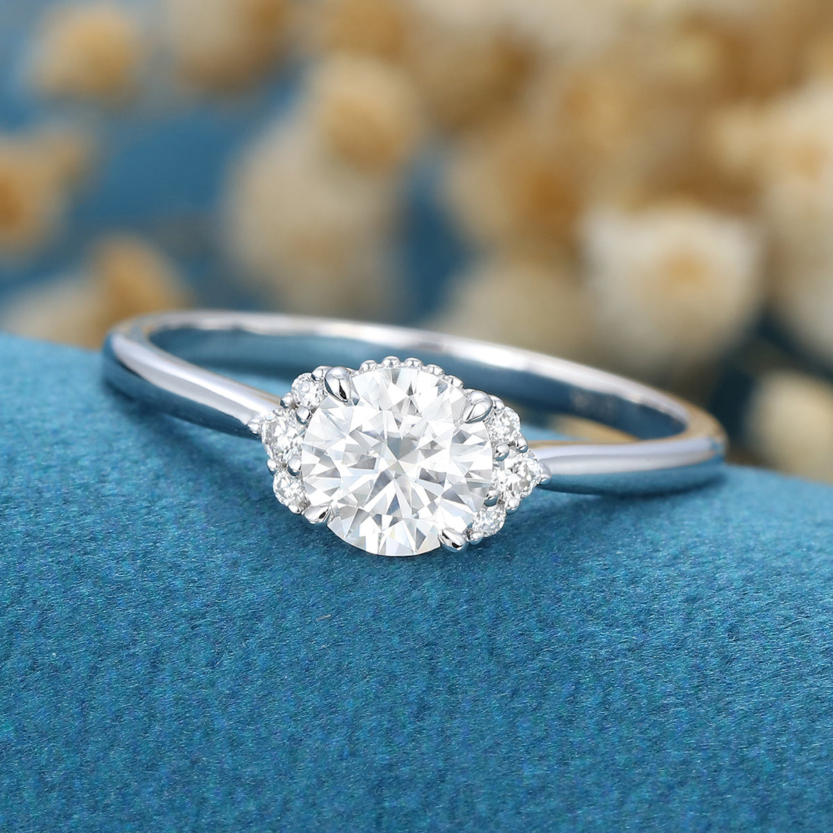 0.68 CT Round Shaped Moissanite Cluster Engagement Ring