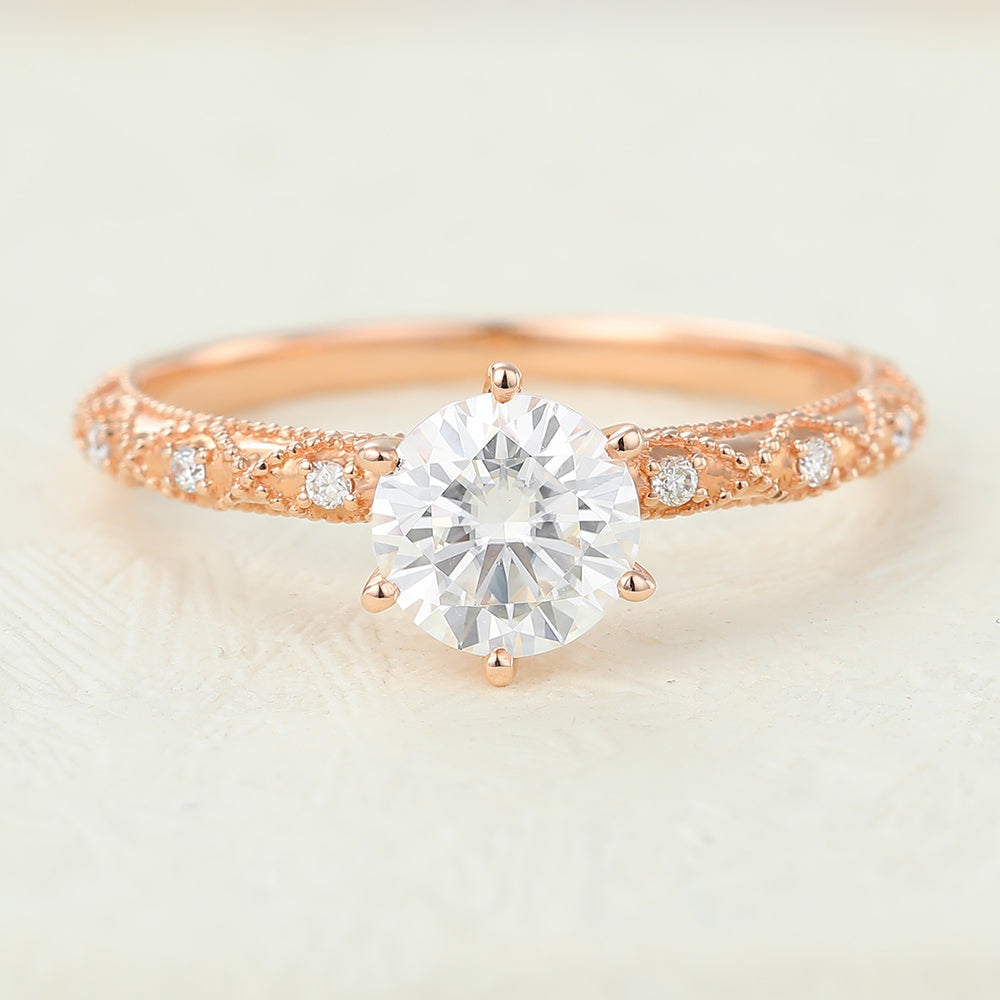 0.68 CT Round Shaped Moissanite Vintage Style Engagement Ring
