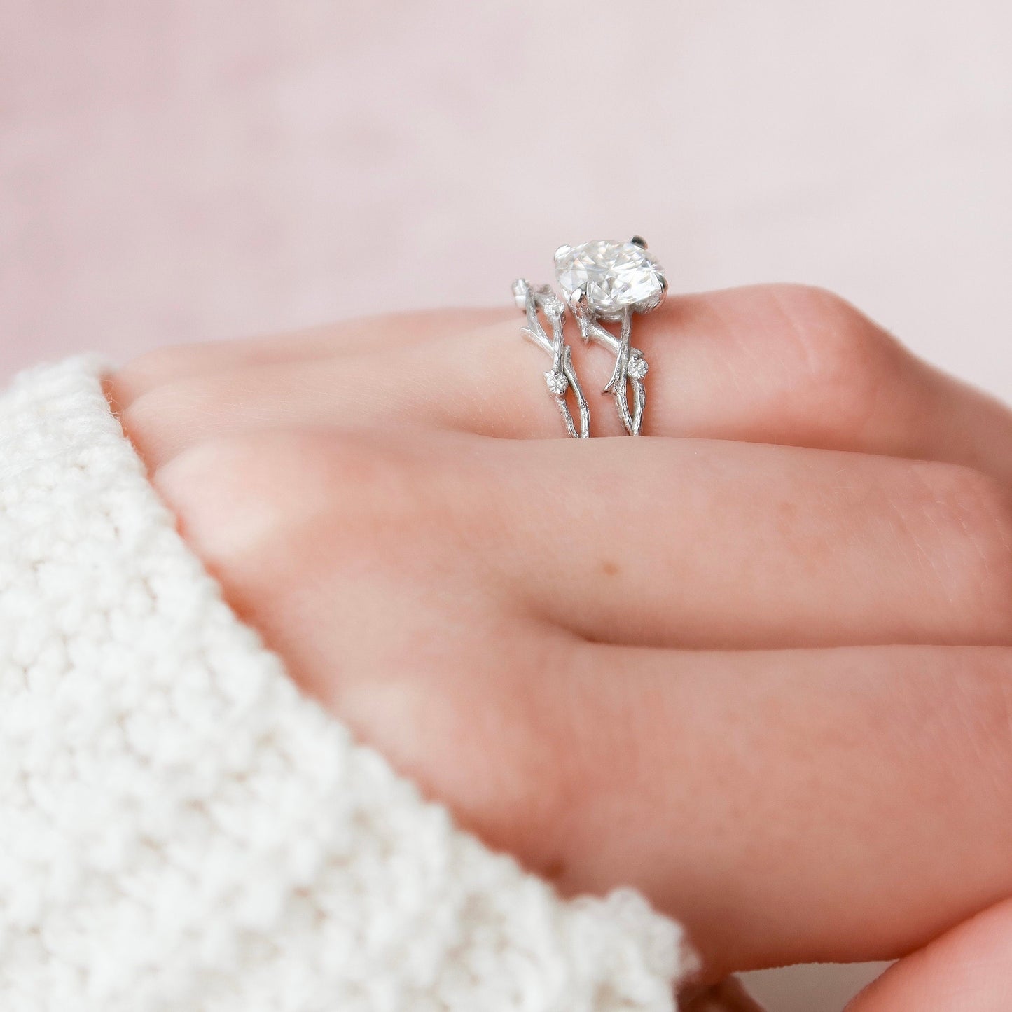 2.0 CT Round Cut Twig Pave Setting Moissanite Engagement Ring