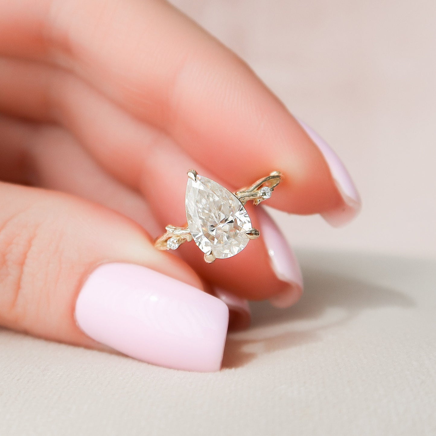 2.0 CT Pear Cut Twig Pave Style Moissanite Engagement Ring