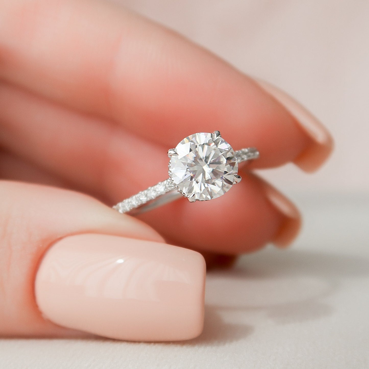 1.5 CT Round Hidden Halo Moissanite Engagement Ring With Pave Setting