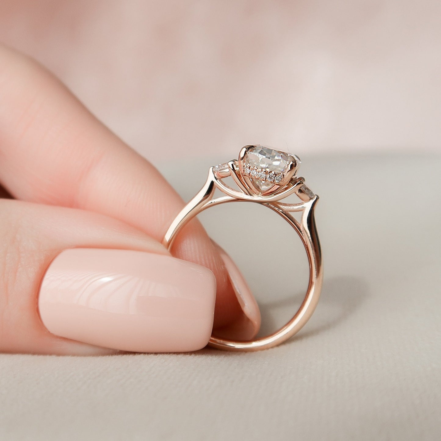 2.0 CT Oval Three Stone & Hidden Halo Moissanite Engagement Ring