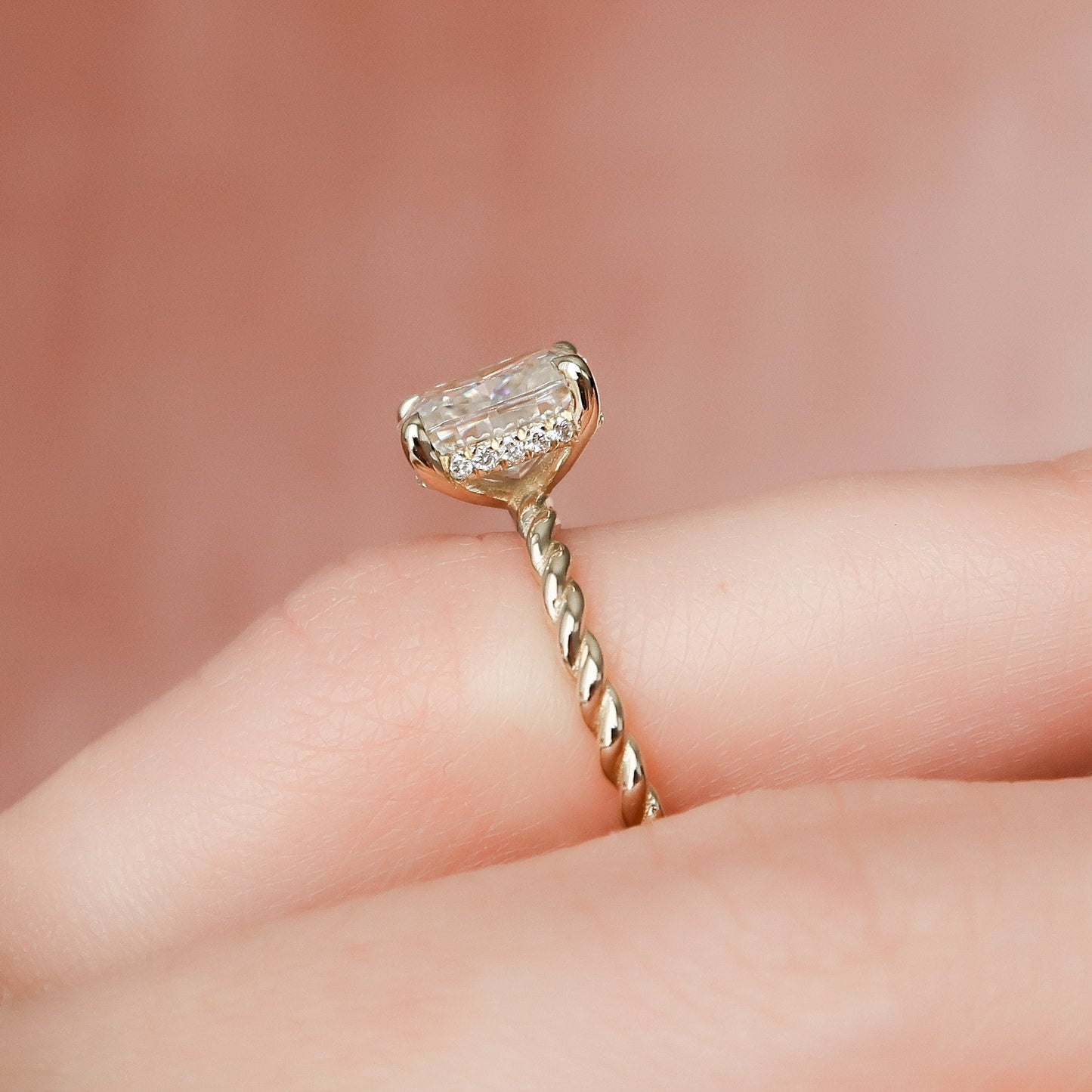 2.0 CT Cushion Twisted Band & Hidden Halo Moissanite Engagement Ring