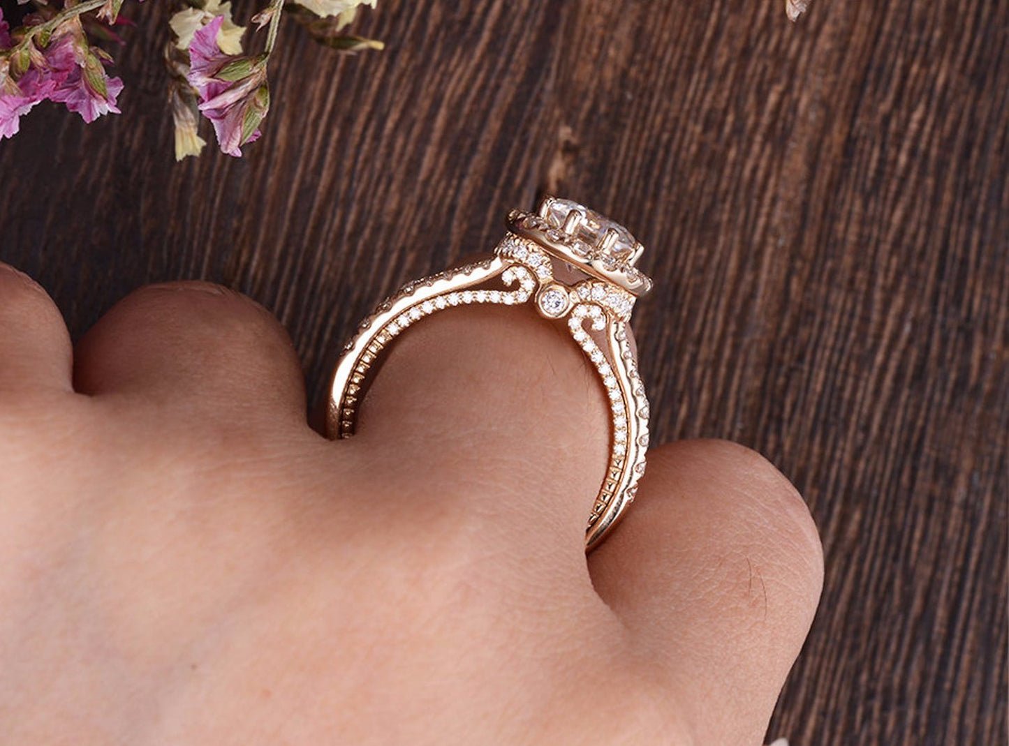 1.60 CT Round Cut Halo Split Shank Setting Moissanite Engagement Ring