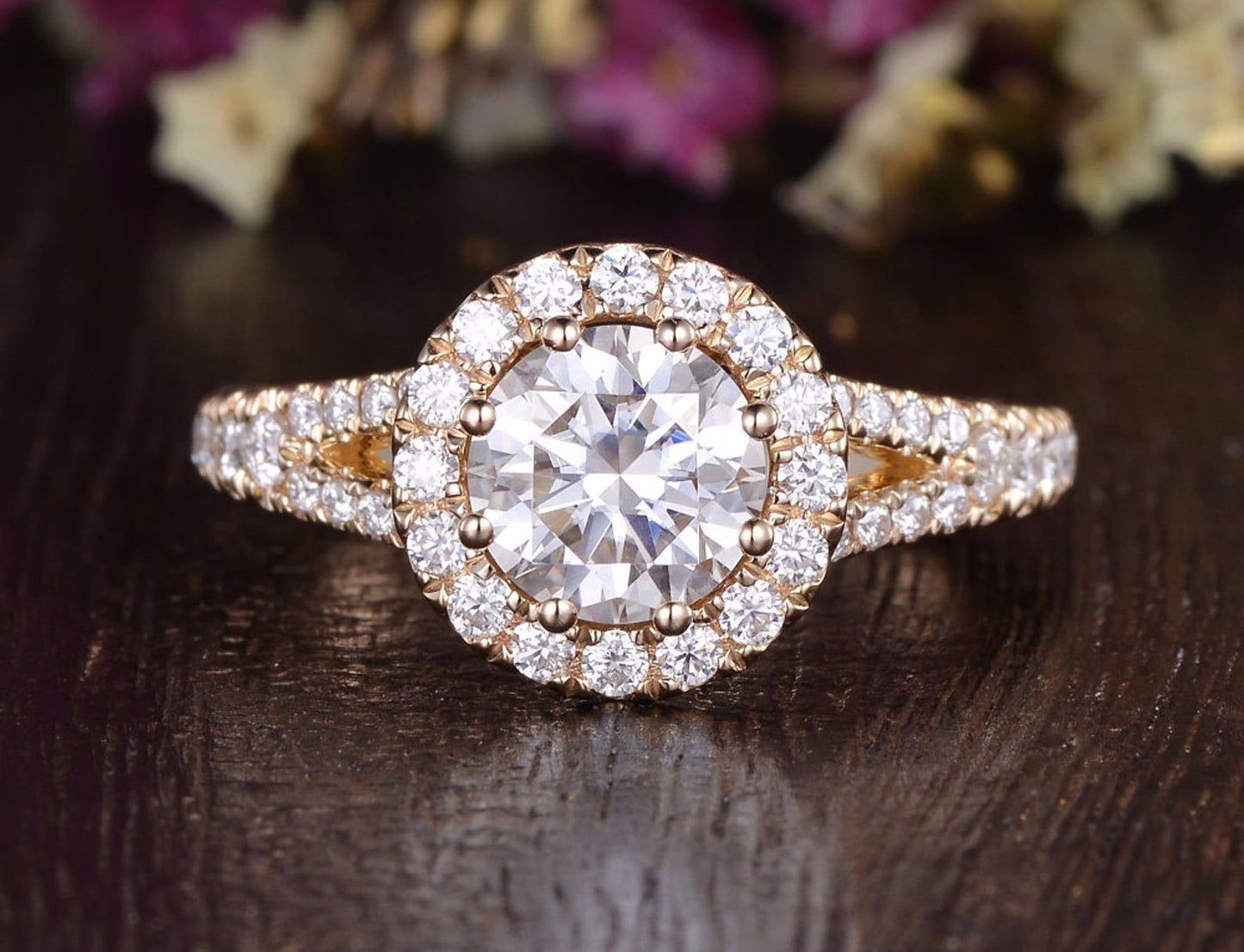 1.60 CT Round Cut Halo Split Shank Setting Moissanite Engagement Ring