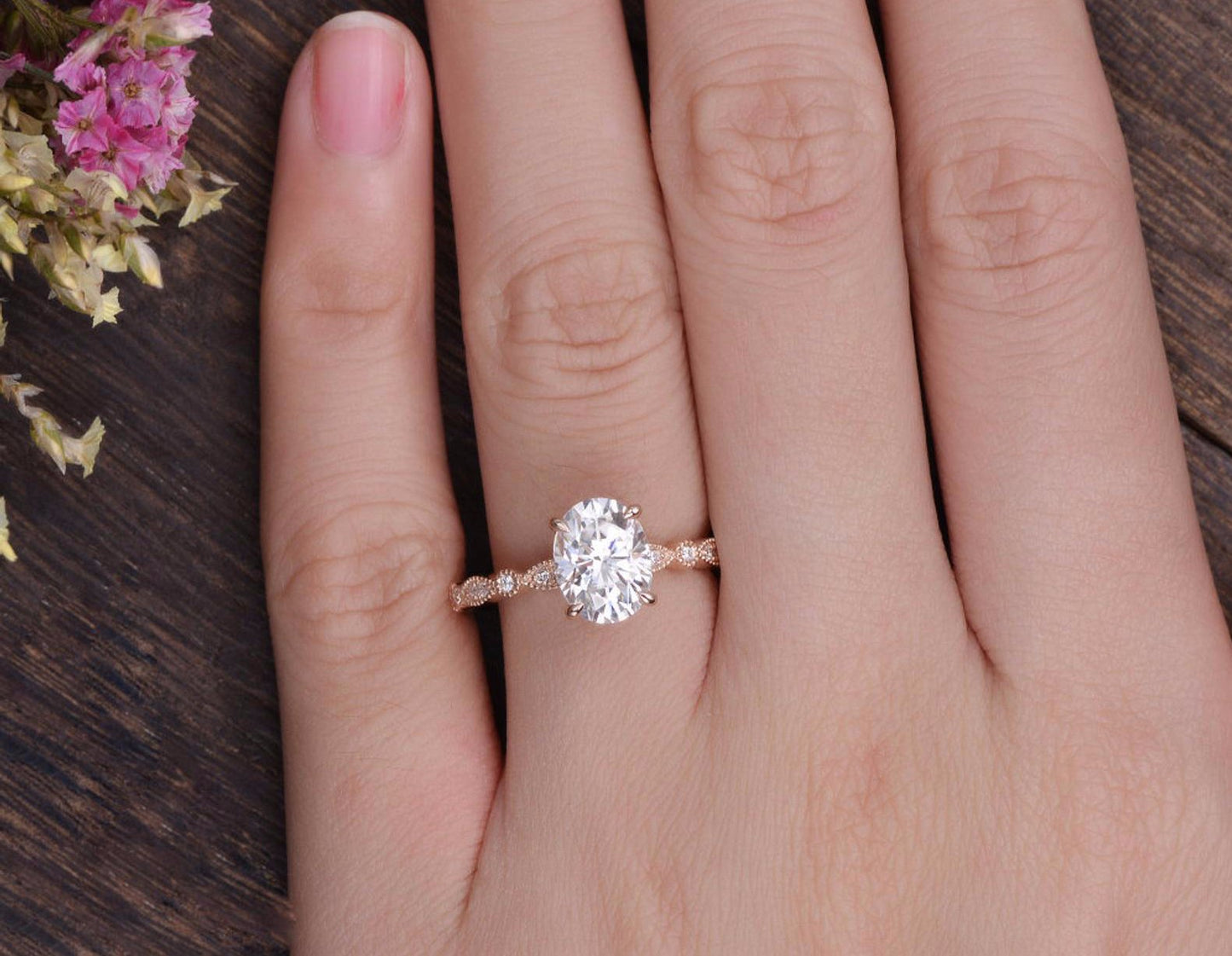 0.75 CT Oval Milgrain Pave Setting Moissanite Engagement Ring