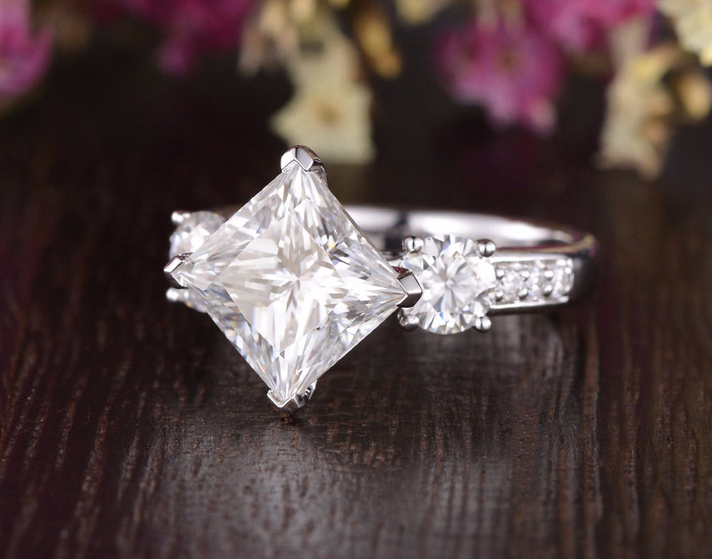 2.08 CT Princess Cut Three Stone Moissanite Engagement Ring