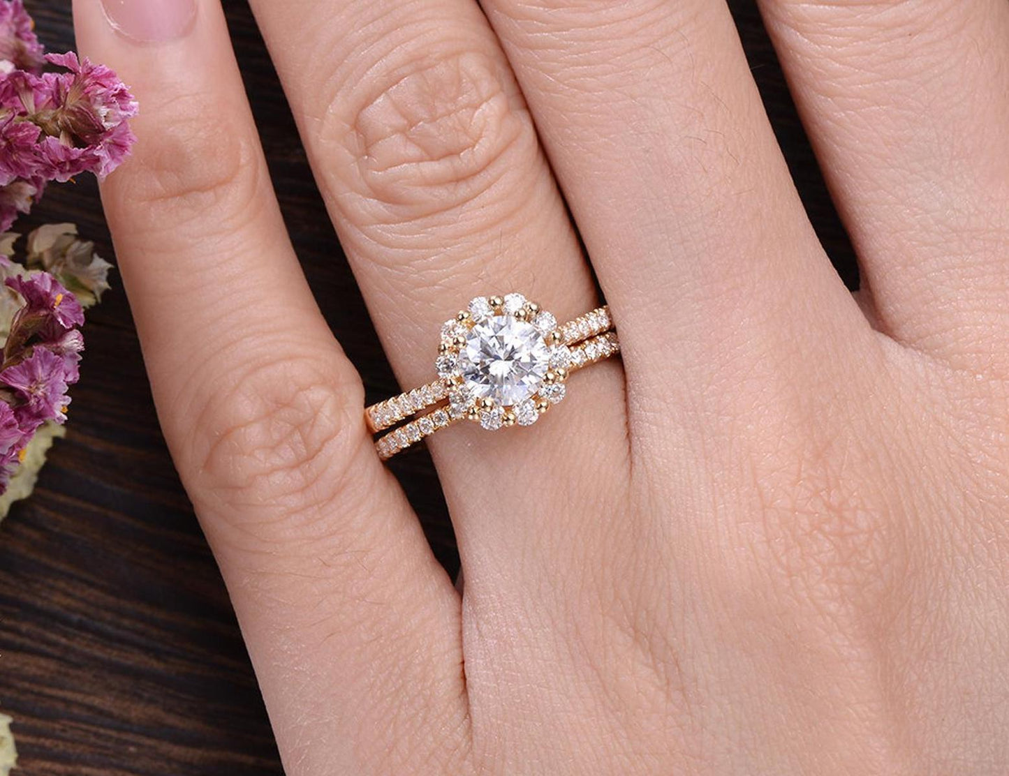 0.75 CT Round Halo Pave Moissanite Bridal Ring Set
