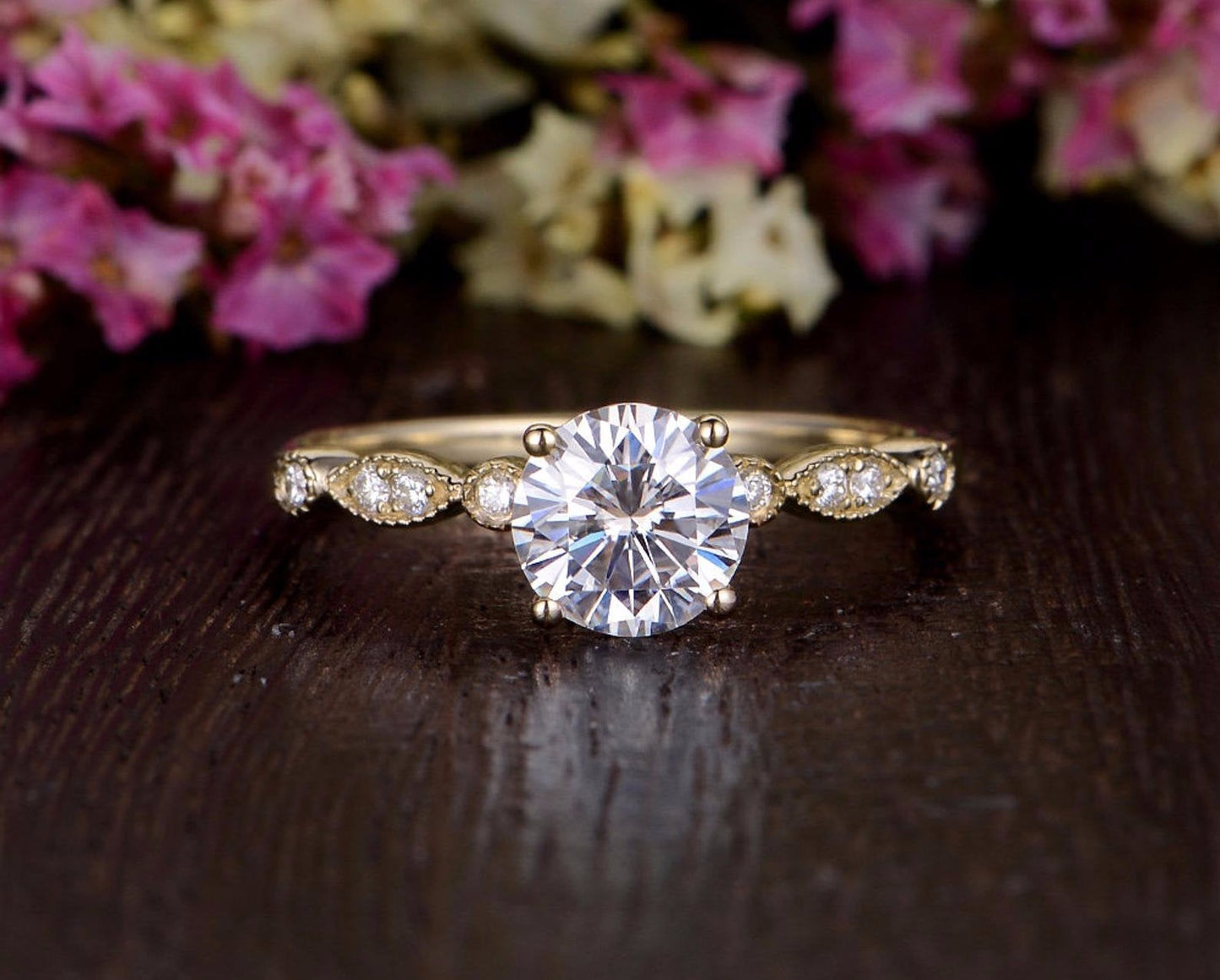 1.35 CT Round Cut Solitaire Milgrain Pave Setting Moissanite Engagement Ring