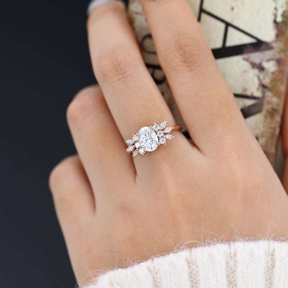 1.33 CT Oval Shaped Moissanite Cluster Engagement Ring