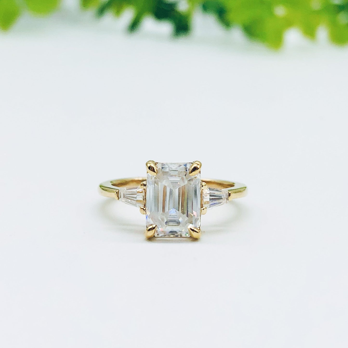 1.9 CT Emerald Three Stone Moissanite Engagement Ring