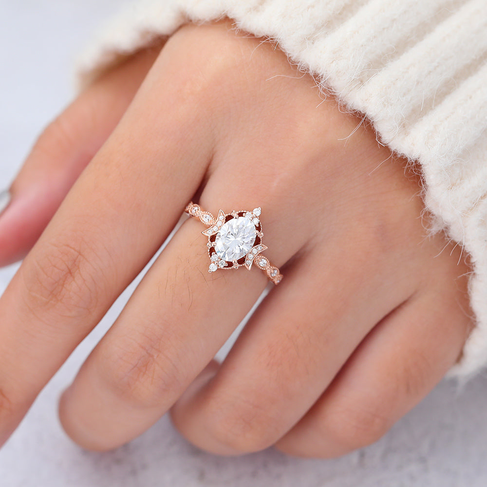 1.33 CT Oval Vintage Cluster & Pave Lab-Grown Diamond Engagement Ring