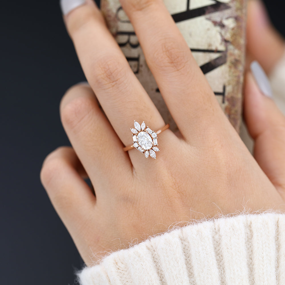 0.84 CT Oval Cluster Lab-Grown Diamond Engagement Ring