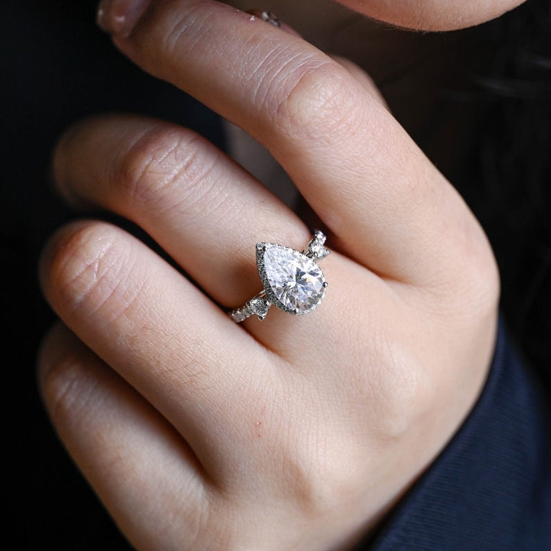 Stunning 1.0 - 2.0 CT Pear Moissanite Engagement Ring with Pave & Halo Design 6