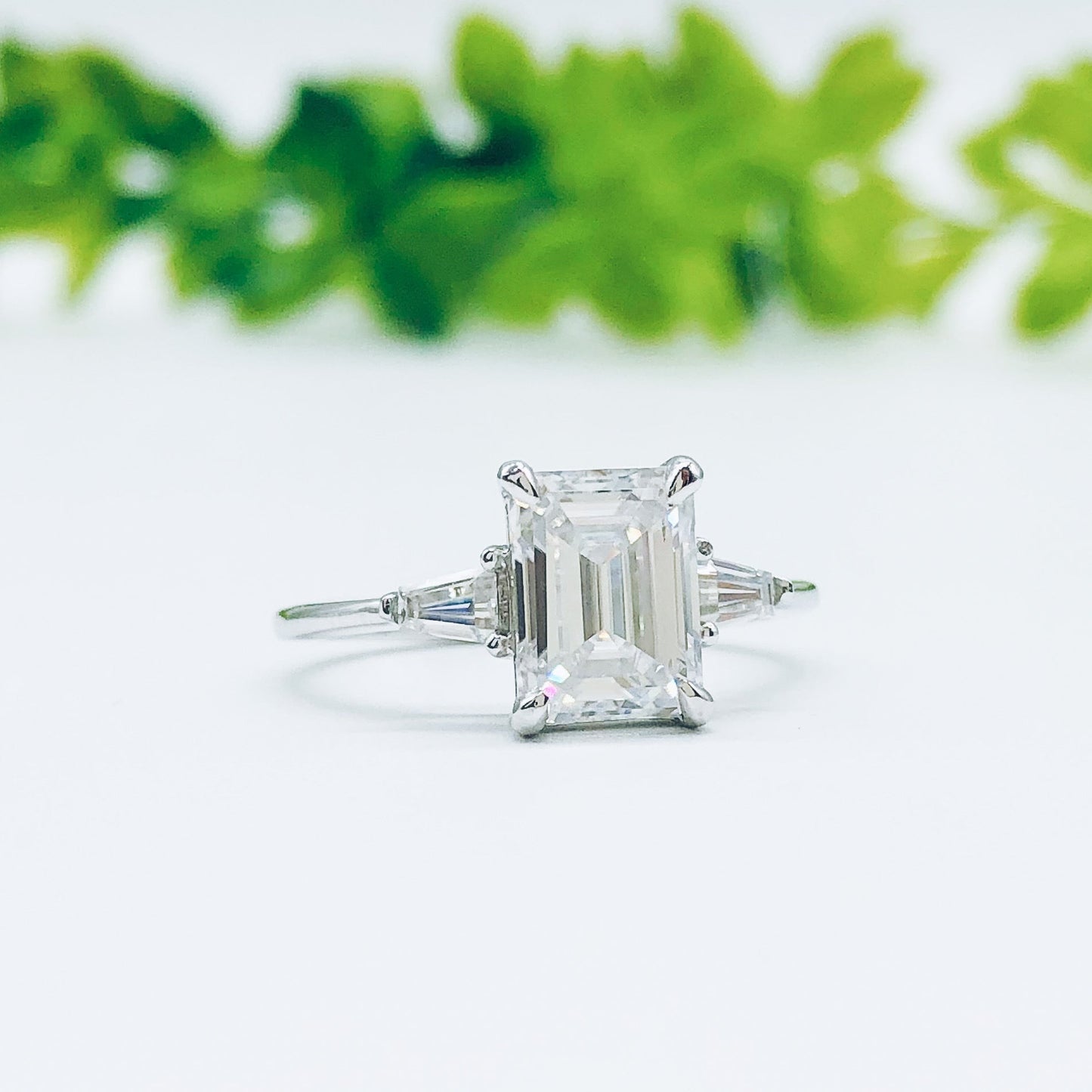 1.9 CT Emerald Three Stone Moissanite Engagement Ring