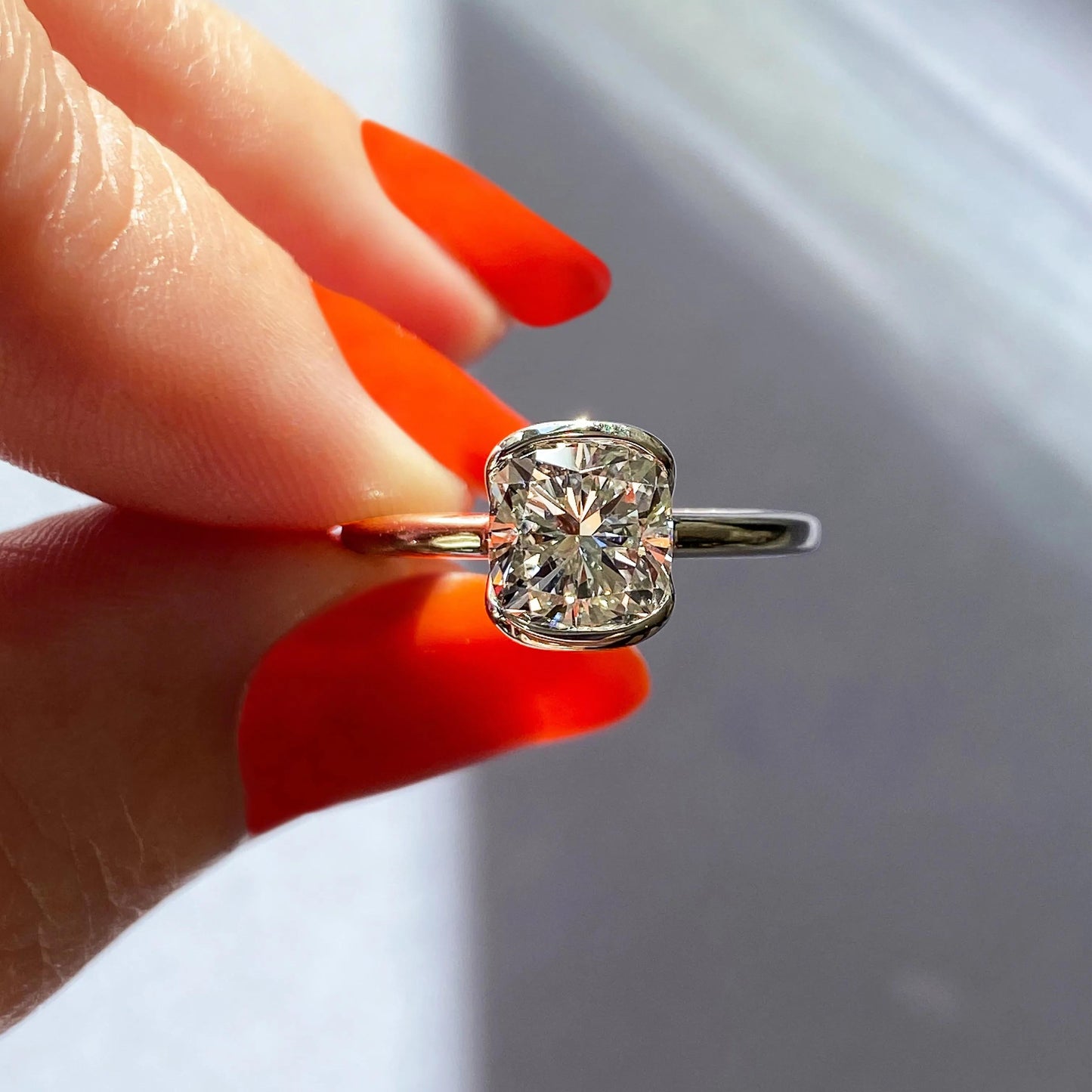 2.15 CT Cushion Half Bezel Solitaire Moissanite Engagement Ring