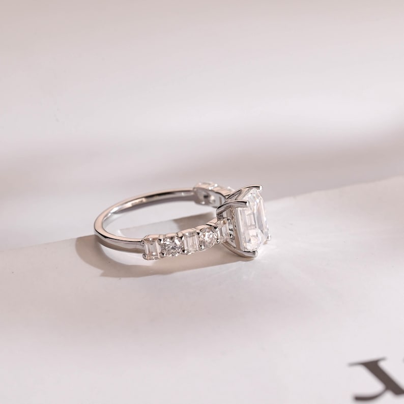 Stunning 1.0 - 2.0 CT Emerald Moissanite Engagement Ring with Pave Design 10
