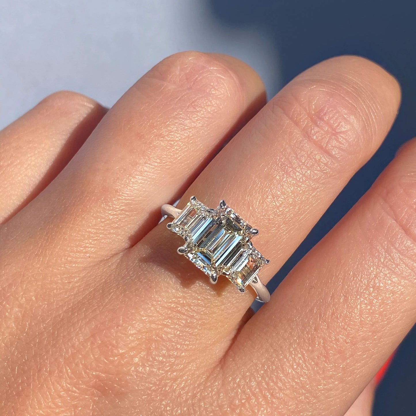 1.91 CT Emerald Cut Three Stone Moissanite Engagement Ring