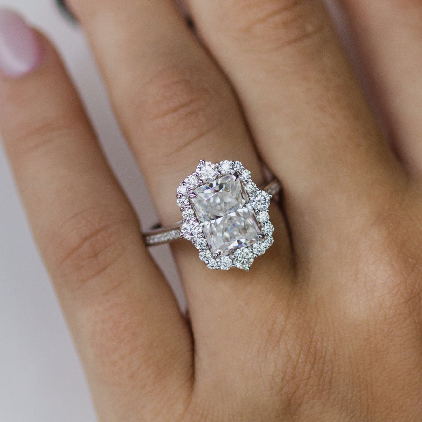 3.4 CT Radiant Halo & Pave Lab Grown Diamond Engagement Ring