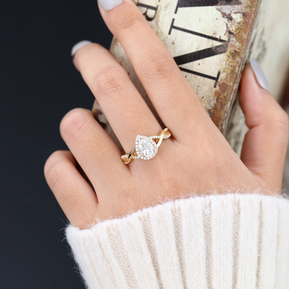 0.43 CT Pear Halo Pave & Criss-Cross Lab-Grown Diamond Engagement Ring