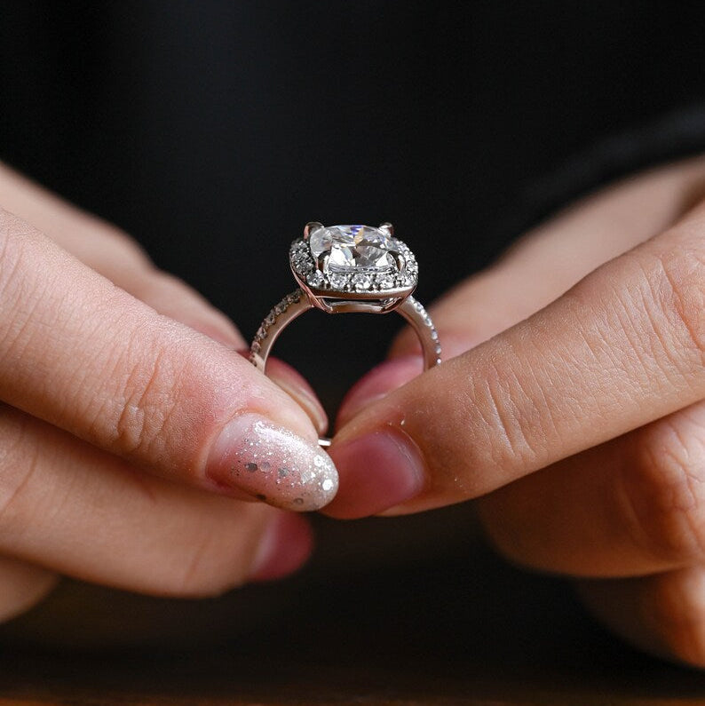 Stunning 1.0 - 2.0 CT Cushion Moissanite Engagement Ring With Pave & Halo Design 7