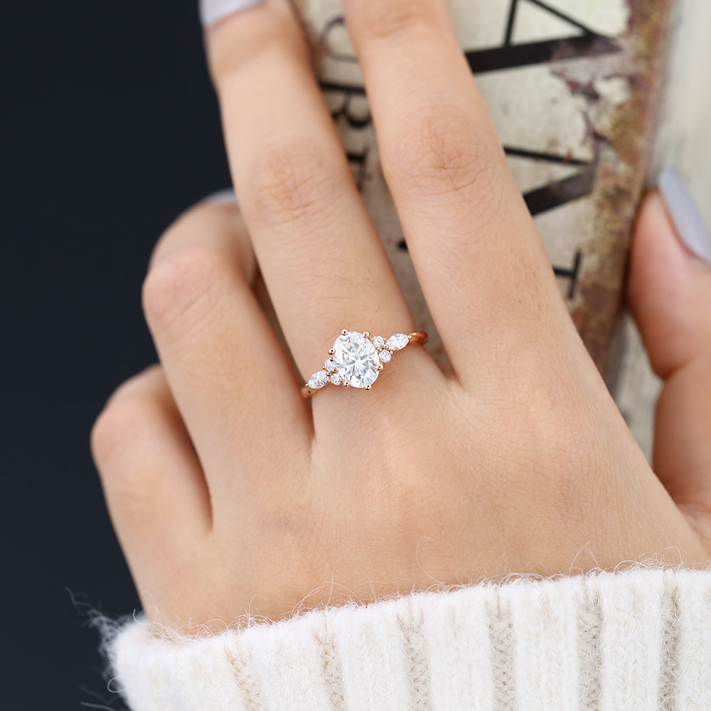 1.33 CT Oval Shaped Moissanite Cluster Engagement Ring